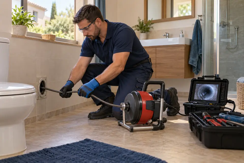 Scène représentative : technicien et machine de débouchage pour une évacuation sanitaire