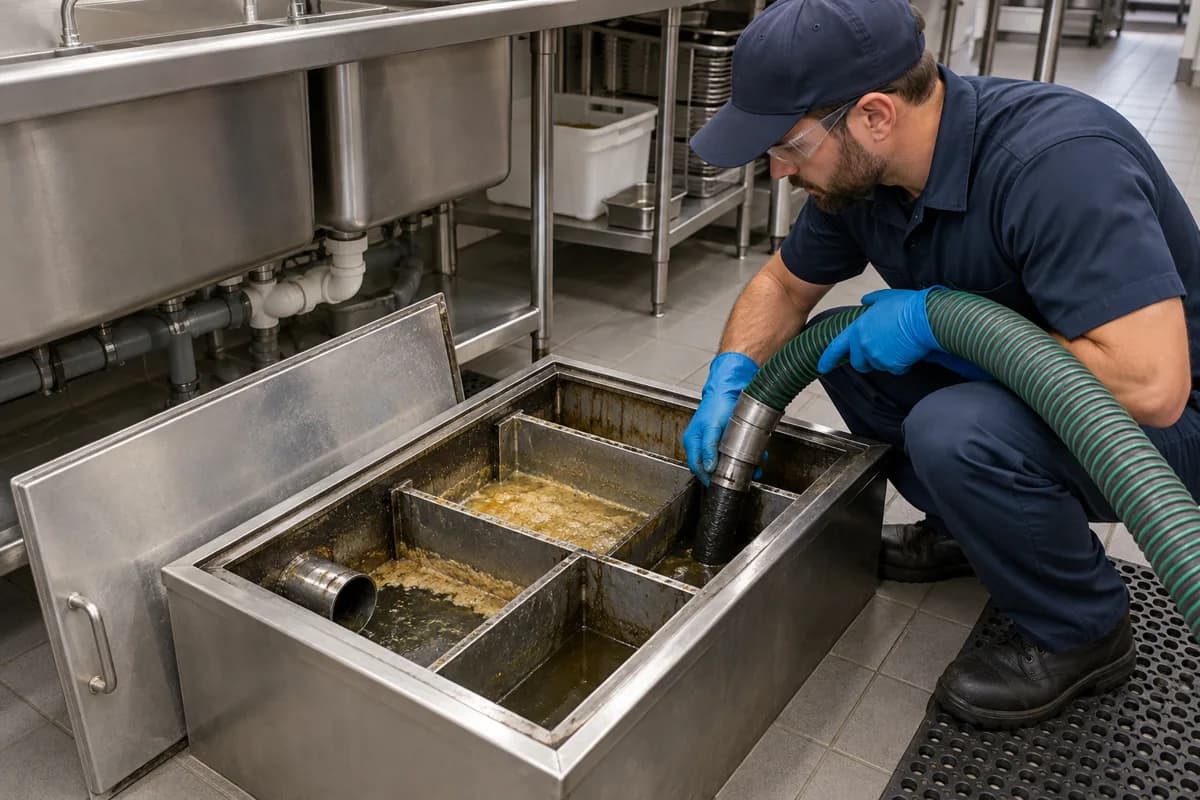Scène représentative : entretien d’un séparateur de graisses en cuisine professionnelle