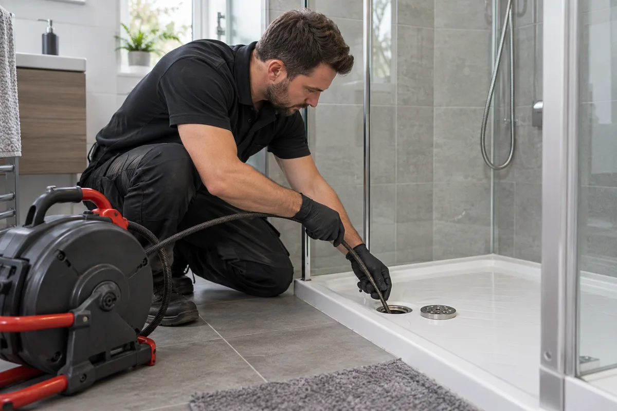 Scène représentative : technicien et câble de débouchage auprès d’une douche